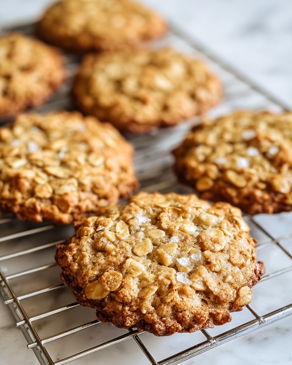 A close-up of a stack of seven oatmeal cookies arranged on a white marbled surface, with two cookies stacked in the center and five cookies spread around it. Each cookie is golden brown with visible light beige oatmeal flakes on the surface, showing a slightly rough and chewy texture. The edges of the cookies are a bit darker and crisp, creating a nice contrast with the softer middle parts. The cookies appear thick and soft with subtle cracks and a homemade look. Photo taken with an iphone --ar 4:5 --v 7