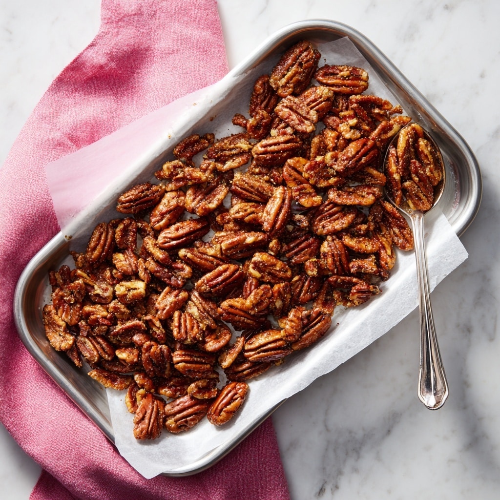 A silver tray lined with white parchment paper is filled with a single even layer of spiced, roasted pecans that are golden brown with a slightly rough texture from the coating of spices and sugar. The pecans are whole and scattered closely together, covering the tray fully except for a small area where a shiny silver spoon rests on the parchment holding a scoop of the pecans. A soft pink cloth is partially visible above the tray, resting on a white marbled surface. Photo taken with an iphone --ar 4:5 --v 7