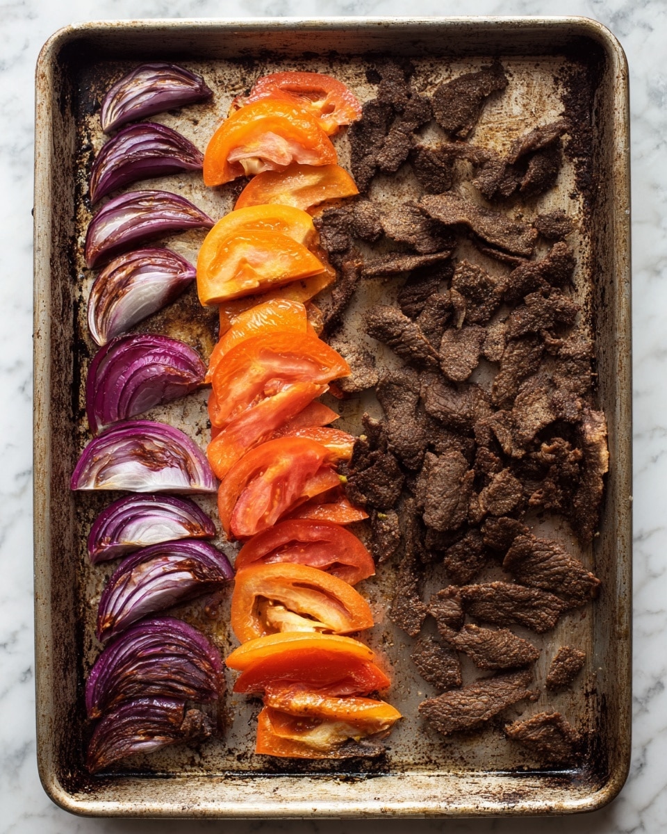 The image shows a rectangular baking tray on a white marbled surface. The tray holds two main sections: on the left, there are five pieces of bright orange roasted tomato wedges at the bottom, with four curved red onion slices above them showing layers of white and purple tones; on the right, there is a large pile of irregular dark brown roasted meat slices with a rough and slightly crispy texture, spread across most of the tray. The tray has some cooking oil and browned marks from roasting. photo taken with an iphone --ar 4:5 --v 7