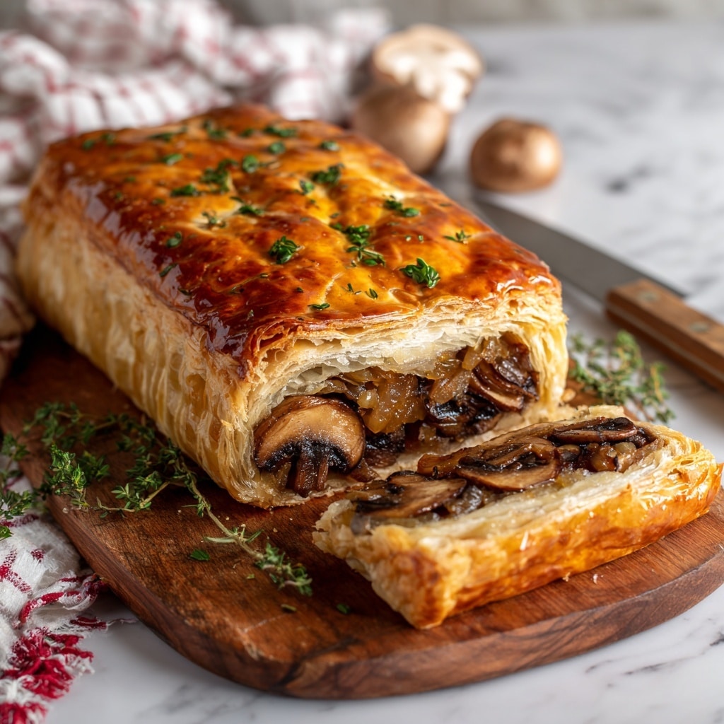 A golden brown pastry loaf rests on a wooden board with a slice cut off and placed in the foreground, revealing three visible layers inside: the top layer is a shiny, golden baked crust with small green herb leaves sprinkled on it; the middle layer consists of dark brown, soft mushroom slices; the bottom layer appears to be sautéed onions, light brown and slightly translucent. The board is on a white marbled surface, with a blurred white and red checkered cloth in the background and a knife partially visible behind the pastry. Photo taken with an iphone --ar 4:5 --v 7