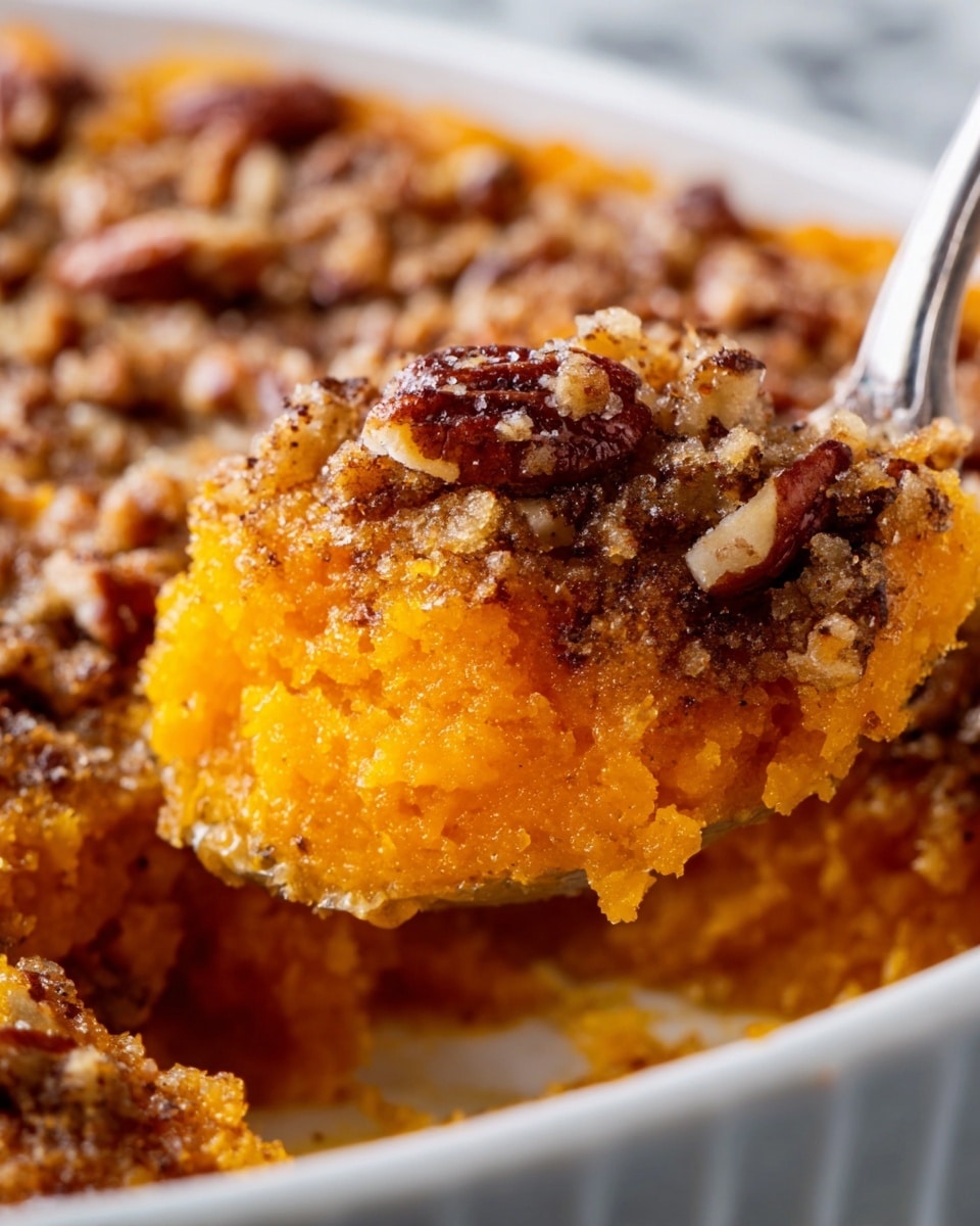 The image shows a close-up of a spoon lifting a portion of a layered dish from a white bowl on a white marbled surface. The dish has a bright orange layer that looks soft and moist, likely made from mashed ingredients, topped with a crumbly, golden-brown crust sprinkled with dark brown pecan pieces for texture and crunch. The mixture appears rich and gooey, creating a contrast between the smooth orange base and the crunchy pecan topping. Photo taken with an iphone --ar 4:5 --v 7
