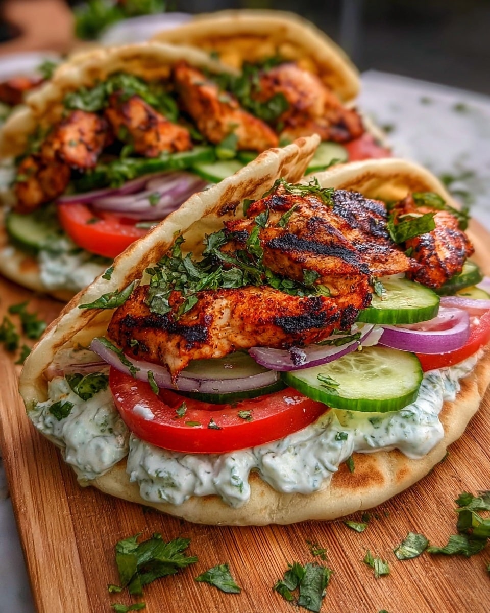 Two flat breads are filled with layers of grilled chicken pieces that have charred marks and a reddish-brown color on top. Below the chicken, there is a white creamy sauce with green herbs mixed inside it, spread on the flat bread. Fresh vegetable layers include bright red tomato slices, thick green cucumber slices, and thin purple onion rings, all sprinkled with chopped green herbs. The flat bread is slightly toasted with golden-brown spots and soft texture. The food rests on a wooden board, with a white marbled background quickly fading out of focus. photo taken with an iphone --ar 4:5 --v 7