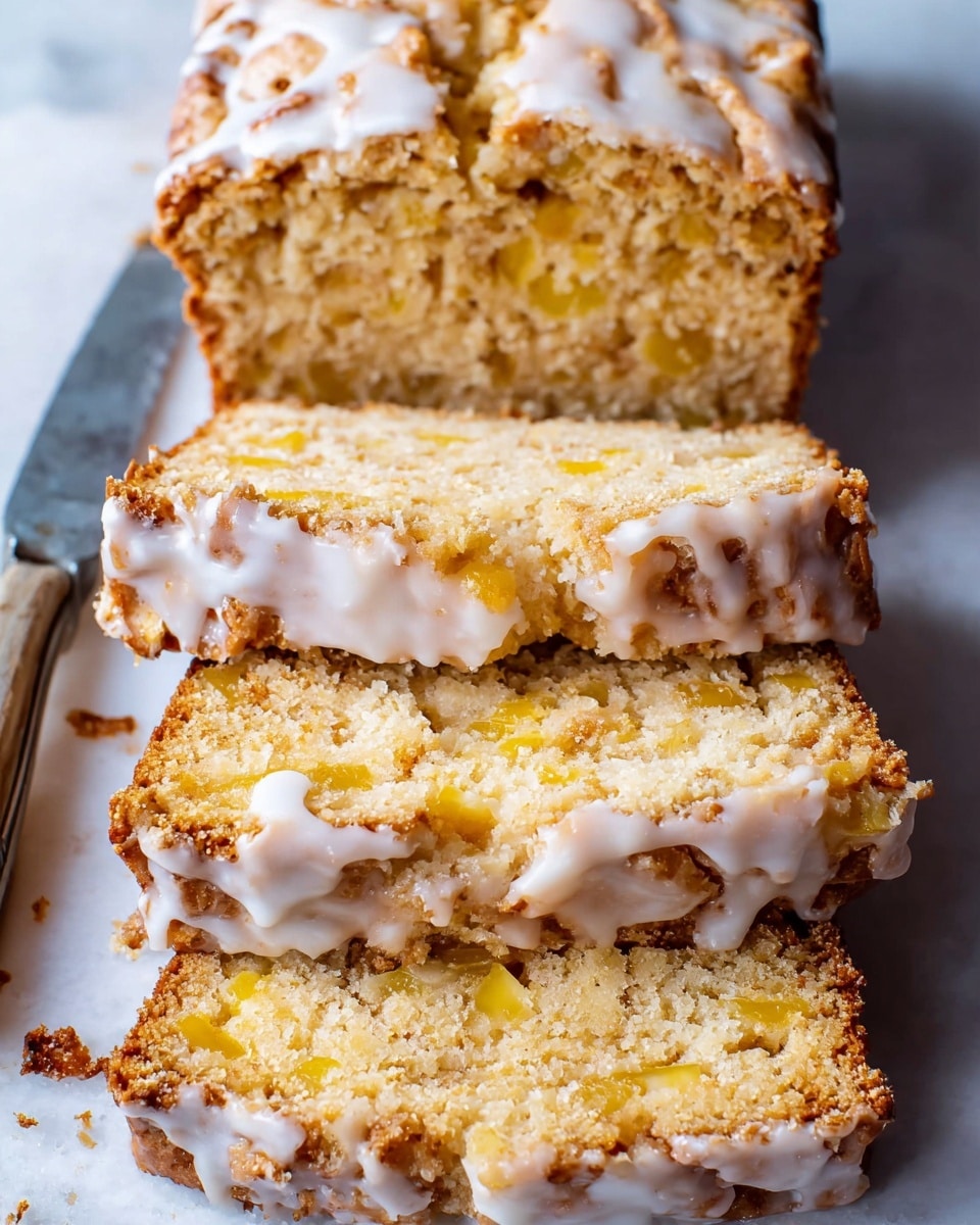 The image shows a loaf cake cut into three thick slices arranged stacked on a white marbled surface. The cake has a dense, crumbly texture with small chunks of yellow fruit distributed throughout the light golden interior. The top of the loaf is cracked and covered with a white glaze that drips slightly down the sides of the slices, adding a glossy contrast to the matte crumb beneath. Beside the cake, a silver knife rests on the surface, with some glaze residue on its blade. photo taken with an iphone --ar 4:5 --v 7