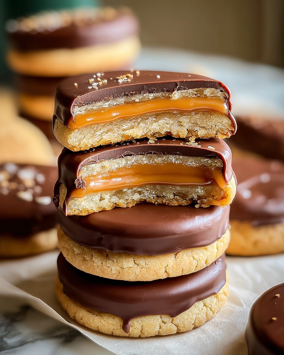 A stack of five round cookies is shown on a white marbled surface, four whole and one cut in half and placed on top. Each cookie has a base layer of light golden-brown cookie with a rough texture. Above this is a thick, smooth caramel layer in golden amber, topped by a thinner light brown layer, likely chocolate or peanut butter. The top layer is dark and glossy chocolate coating that smoothly covers the top and drips slightly over the edges. The cut cookie reveals the neat, even layers inside. In the background, more cookies are blurred out, and there is soft natural light coming from the left. photo taken with an iphone --ar 4:5 --v 7