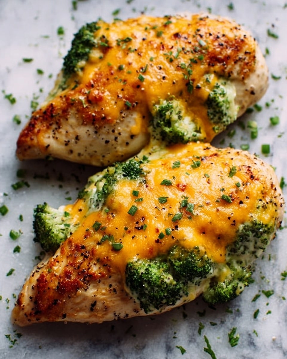 Two baked chicken breasts stuffed with green broccoli florets are covered in melted golden-orange cheddar cheese on top. The chicken has a light brown, roasted texture with black pepper sprinkled over the cheese. Small pieces of chopped green herbs are scattered on and around the chicken. The dish is placed on a surface with a white marbled texture. Photo taken with an iphone --ar 4:5 --v 7