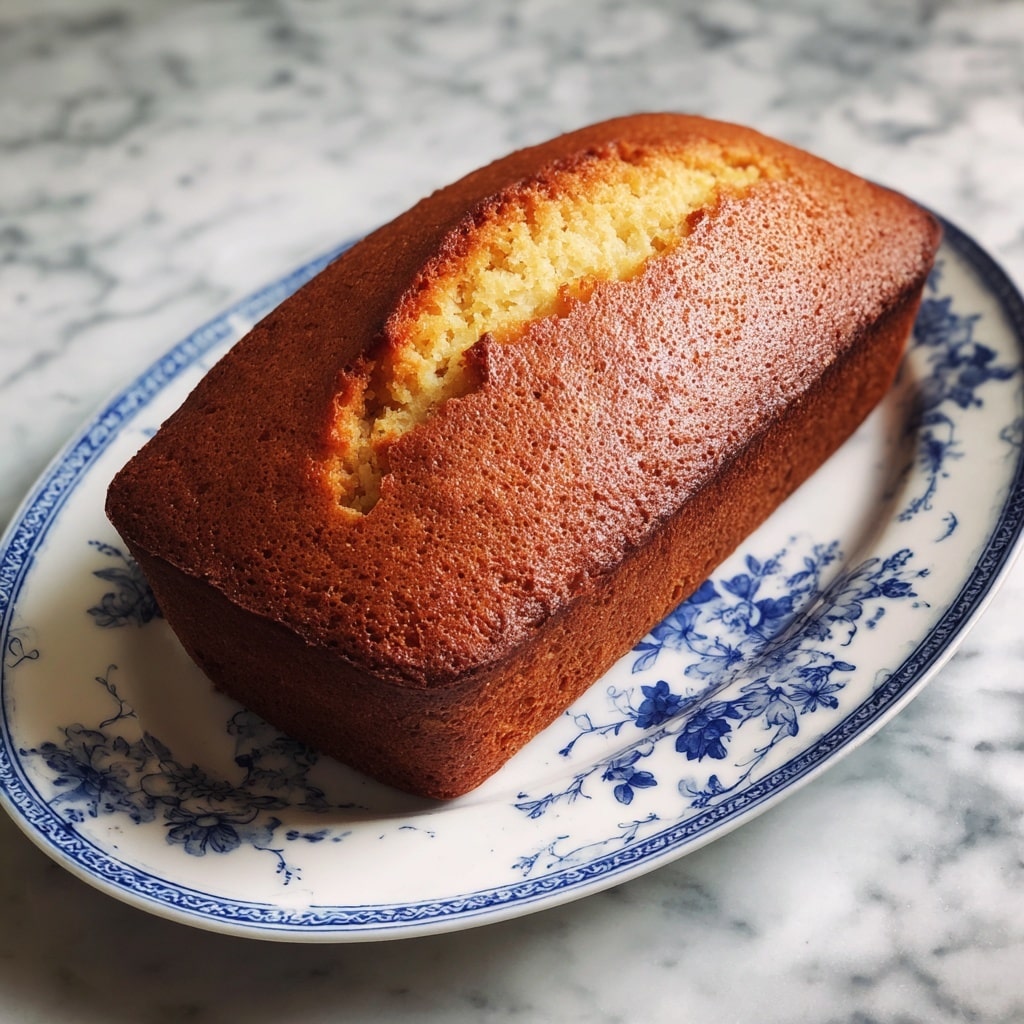 A loaf cake with a golden brown crust and a soft yellow inside sits on a white plate with a patterned edge. The cake is slightly domed with a split top showing a moist texture inside. Two slices are cut and placed leaning on the main loaf in front, revealing the smooth and dense crumb. The background is a white marbled surface. Photo taken with an iphone --ar 4:5 --v 7