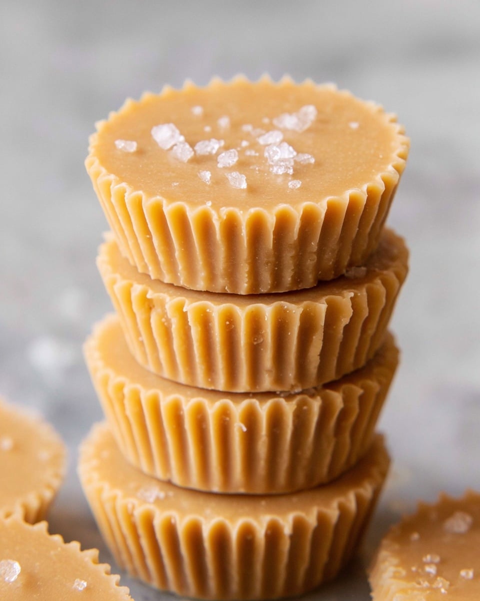 A close-up view of four stacked peanut butter cups, each with a smooth, light brown surface and ridged edges, showing a firm and slightly crumbly texture. The top peanut butter cup is sprinkled lightly with coarse salt crystals, adding a subtle contrast to the creamy brown color. The background is a soft white marbled texture, with a few small crumbs scattered around, enhancing the focus on the neat stack of these simple, sweet treats. Photo taken with an iphone --ar 4:5 --v 7