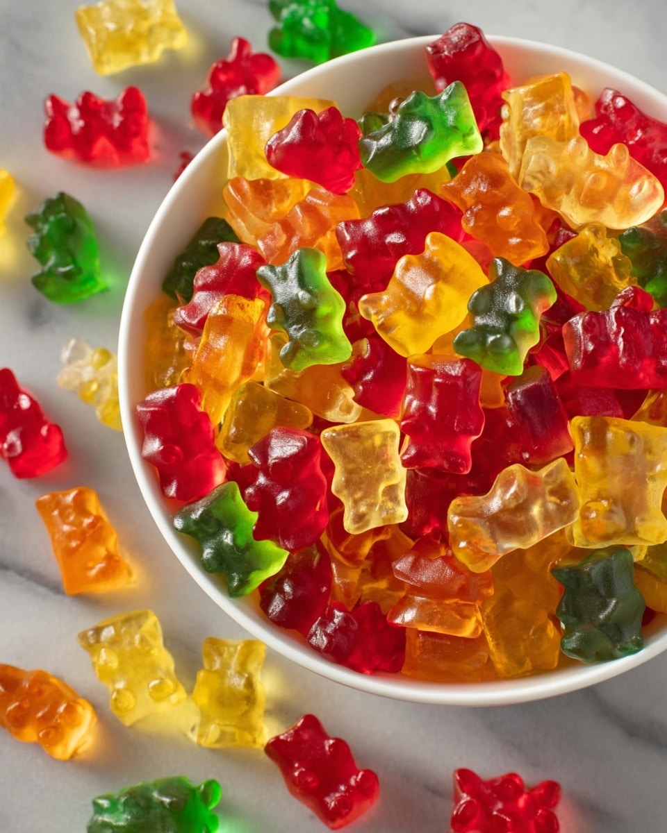 A white bowl filled to the top with colorful gummy bears in layers of translucent red, orange, yellow, and green, each gummy bear showing a shiny, smooth texture and tiny detailed shapes, some gummy bears are piled on top, slightly shifting the bowl's edges, all set on a white marbled surface with a few gummy bears scattered around. photo taken with an iphone --ar 4:5 --v 7