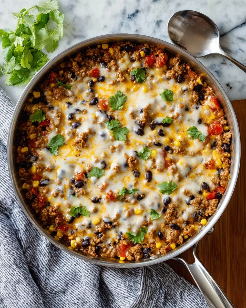 A close-up of a cooked skillet dish being scooped with a spoon showing multiple layers: the bottom layer is soft cooked rice mixed with black beans and corn in light brown and yellow colors, the middle layer has small browned pieces of ground meat with red diced tomatoes, and the top layer is melted yellow and white cheese stretching with the spoon, garnished with small green cilantro leaves. The skillet is metal and sits on a white marbled surface. Photo taken with an iphone --ar 4:5 --v 7