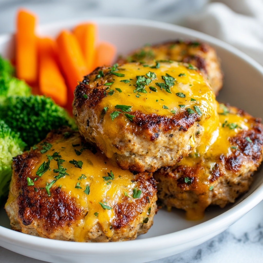 The image shows three thick meat patties covered with melted light yellow cheese on top, sprinkled with small green herb pieces. The patties have a coarse, browned texture that looks juicy and well cooked. In the background, there are bright orange carrot sticks and green broccoli florets adding vibrant color contrast. All the items are placed close together inside a white dish, with a smooth white marbled texture underneath. The photo is clear and close up, showing the glossy finish on the cheese and fresh herbs. photo taken with an iphone --ar 4:5 --v 7