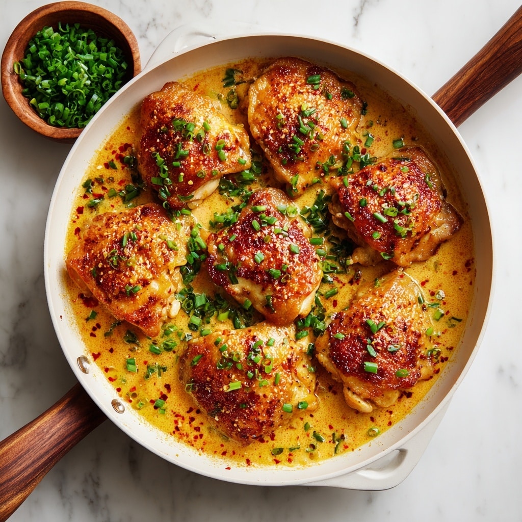 A white skillet holds eight pieces of cooked chicken thighs covered in a thick, shiny orange sauce with a smooth texture and some red chili flakes visible. The chicken has a golden-brown, slightly crispy surface that peeks through the sauce. Small pieces of chopped green onions are sprinkled on top, adding bright green contrast to the dish. The skillet rests on a white marbled surface, with a small bowl of extra chopped green onions and fresh parsley nearby, along with a glass of red wine. photo taken with an iphone --ar 4:5 --v 7