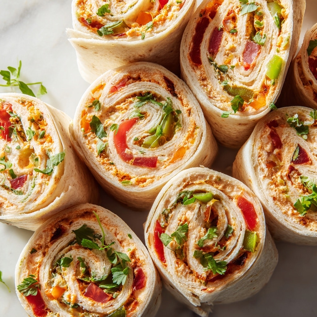 A round white flour tortilla is spread with a thick, creamy orange mixture that has visible chunks of green herbs and red bits, likely tomatoes or peppers, giving it a textured and chunky look. The mixture covers about half of the tortilla, spreading outward from the lower left side and is being smoothed out with a translucent spatula that has a pink tip, held by a woman's hand with pink nail polish. The tortilla is placed on a white marbled surface. photo taken with an iphone --ar 4:5 --v 7