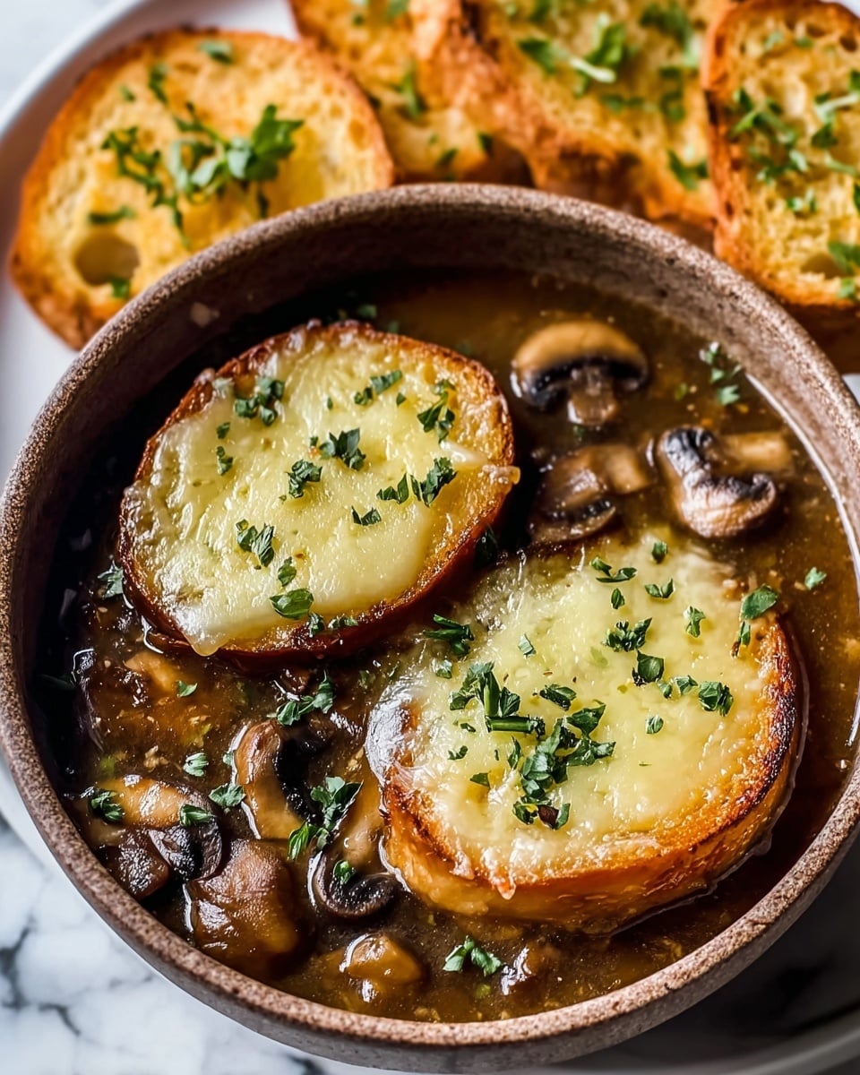 A brown bowl filled with dark brown mushroom soup that has a glossy texture, topped with two pieces of toasted bread covered with melted golden-brown cheese and sprinkled with fresh green herbs. Around the soup in the bowl, there are several cooked mushroom slices with a shiny appearance. Behind the bowl, on a white plate, there are more slices of toasted bread lightly browned. The surface beneath everything is a white marbled texture. photo taken with an iphone --ar 4:5 --v 7