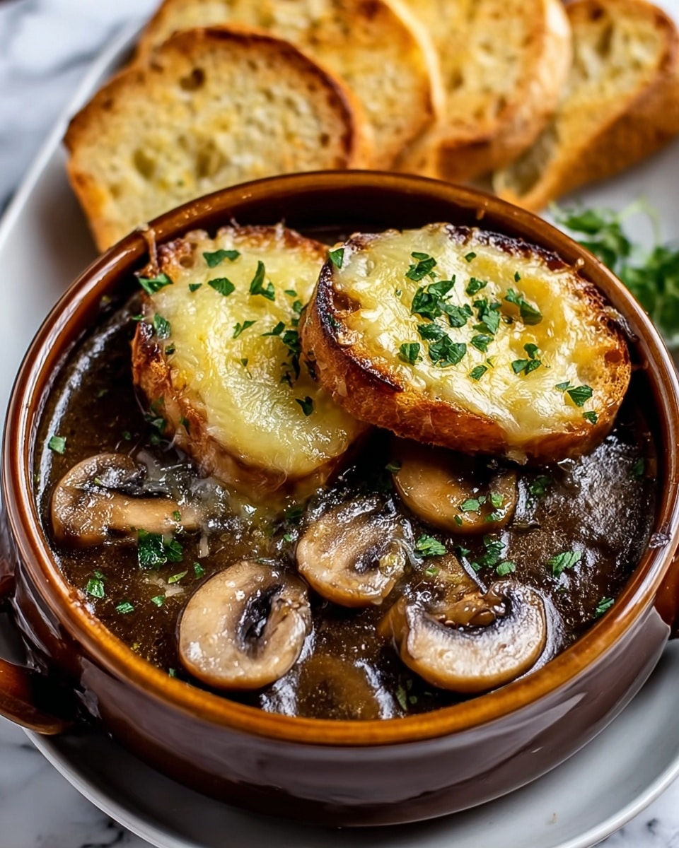 A bowl filled with rich brown soup that has visible chunks of cooked mushrooms. On top of the soup, there are two round toasted bread slices with melted golden cheese covering them, sprinkled with fresh green herbs. Around the bowl, there are several more toasted bread slices with a hint of green garnish. The bowl sits on a white marbled surface. photo taken with an iphone --ar 4:5 --v 7