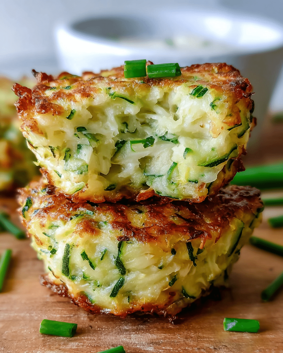 The image shows two golden brown zucchini fritters stacked on top of each other, each with a rough, crispy outer layer and soft, moist inner texture. The fritters have visible shredded green zucchini strands mixed with light, creamy batter, creating a contrast of green and pale yellow colors. Small green chive pieces are scattered around the fritters on a wooden surface, with a blurred white dish in the background. The white marbled texture adds a clean touch to the scene. photo taken with an iphone --ar 4:5 --v 7