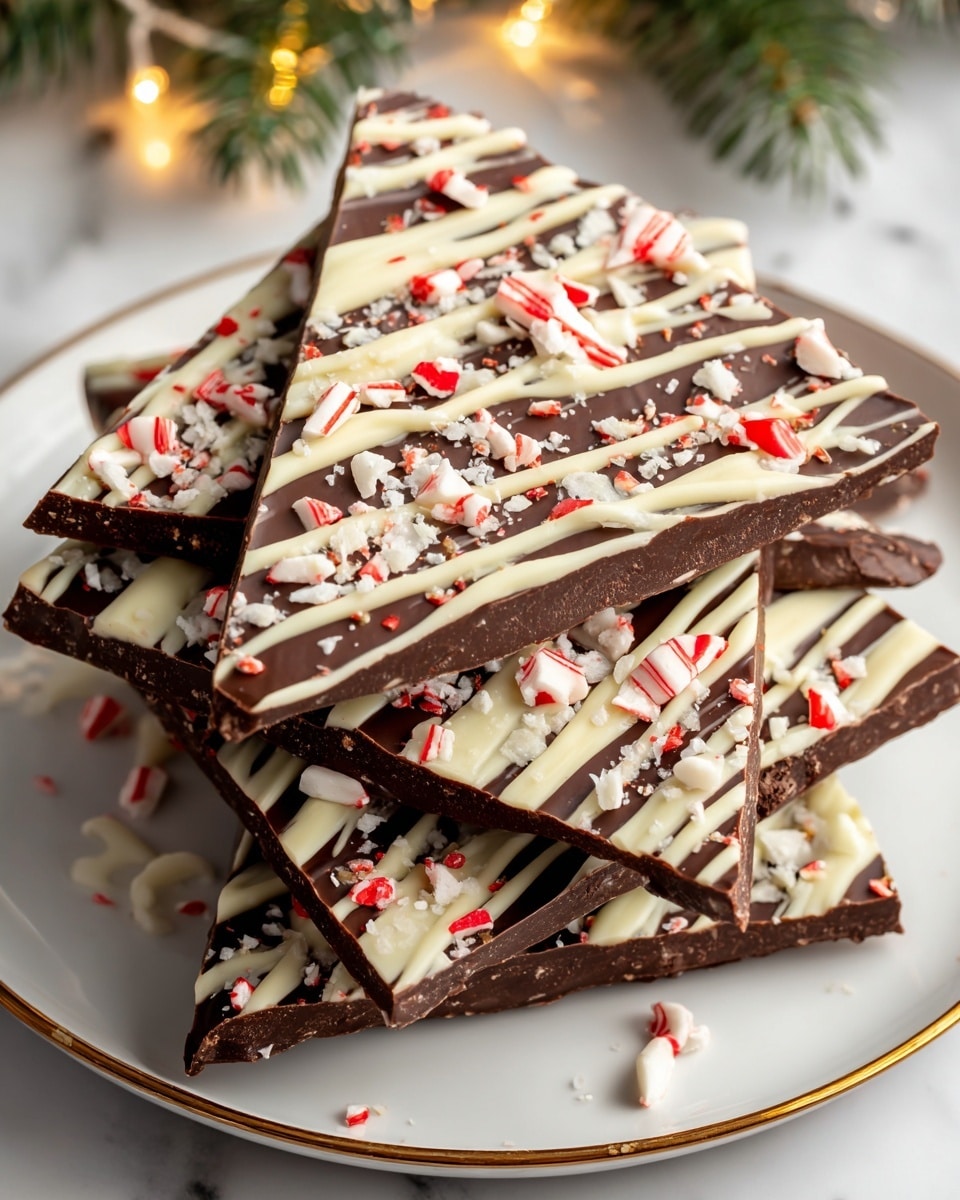 The image shows a stack of six triangular chocolate bark pieces on a white plate with a gold rim, all placed on a white marbled surface. Each piece has a dark brown base layer of chocolate, topped with a lighter cream-colored chocolate drizzle in diagonal stripes. On top of that are small broken pieces of red and white peppermint candy along with scattered bits of crushed white candy topping, creating a mix of smooth and textured layers. The bark pieces are stacked unevenly, showing their thickness and glossy texture, with soft warm fairy lights in the background. Photo taken with an iphone --ar 4:5 --v 7