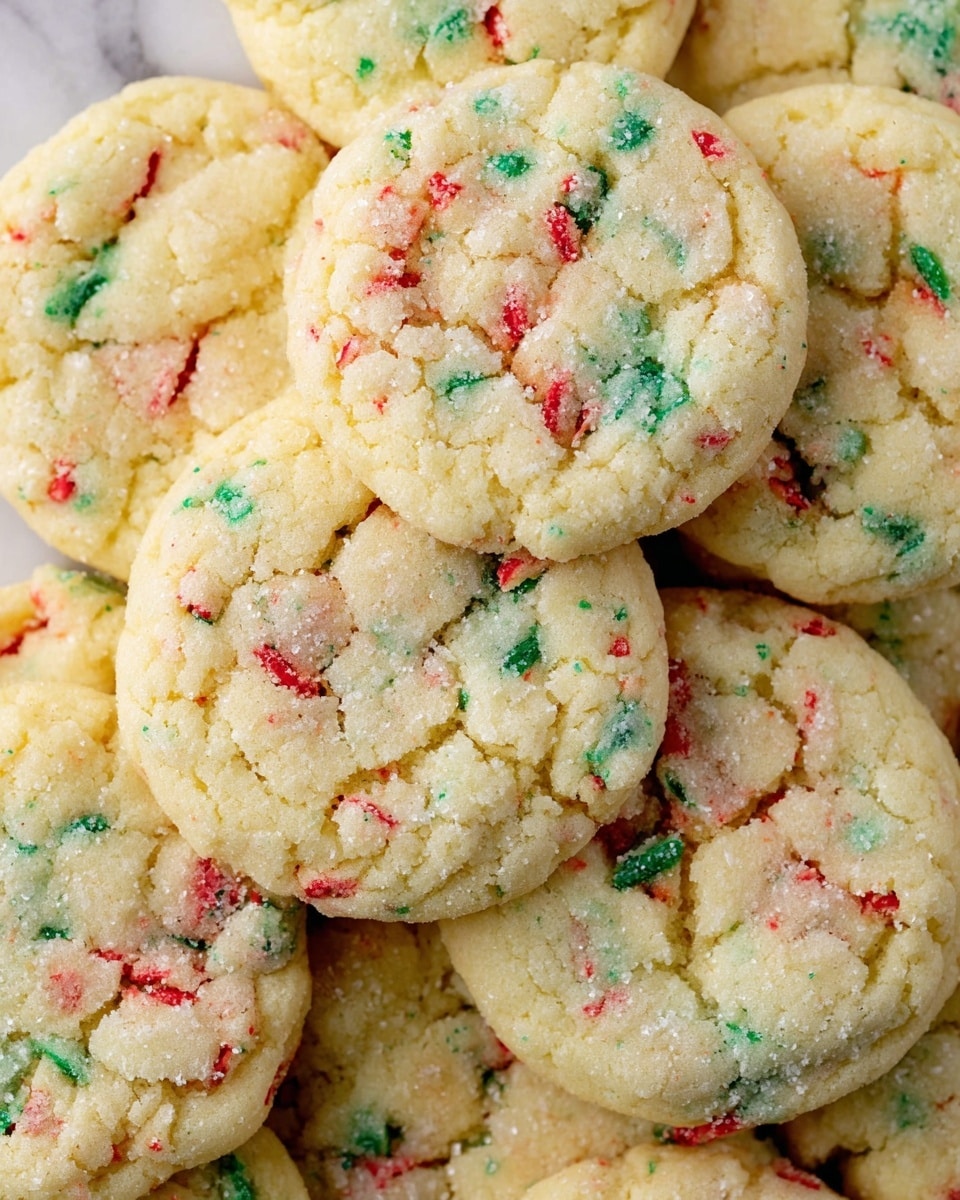 The image shows a close-up pile of soft, round cookies with a crumbly texture. Each cookie is pale yellow with cracks on the surface and is filled with small bits of red and green candy pieces scattered unevenly throughout. The cookies overlap each other, creating a layered look with no plate visible. The background is a white marbled texture. photo taken with an iphone --ar 4:5 --v 7