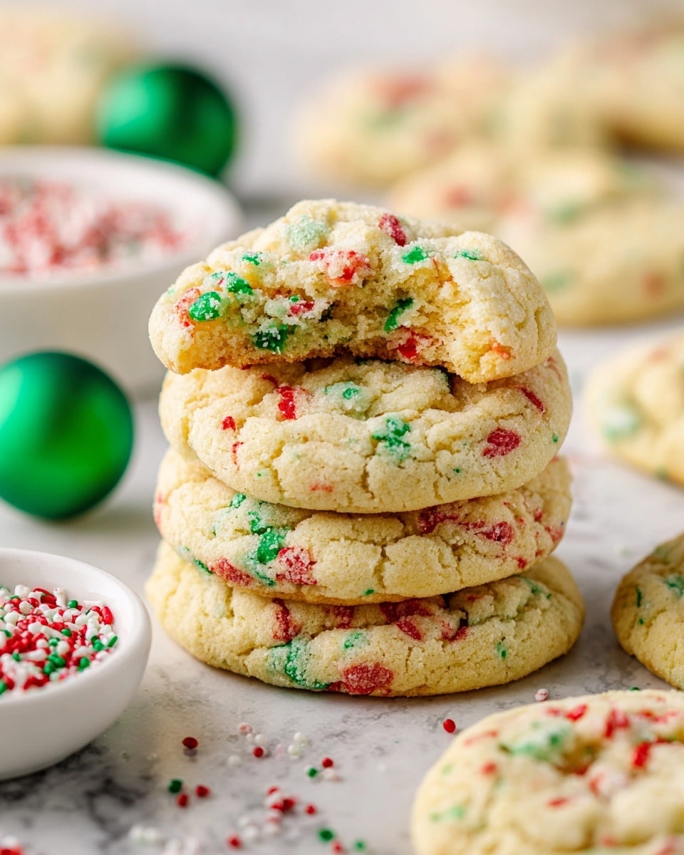 A stack of four soft cookies with a slightly cracked surface sits in the center, each cookie showing scattered red, green, and white sprinkles mixed into a pale yellow dough; the top cookie has a bite taken out, revealing a soft and crumbly texture inside with colorful bits. Around the stack, there are more cookies placed loosely with similar sprinkle patterns, and a white bowl filled with red, green, and white sprinkles is visible in the background. The cookies rest on a white marbled surface, with a blurred green spherical object nearby, adding a festive touch. The photo taken with an iphone --ar 4:5 --v 7
