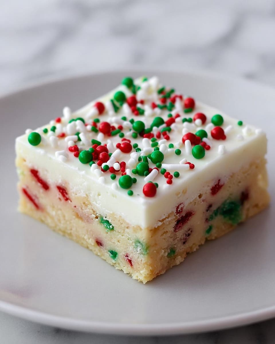 A square, two-layer dessert bar sits on a plain white plate, set against a white marbled surface. The bottom layer is thick, beige with colorful red and green bits mixed inside, giving it a festive look. The top layer is a thick, smooth white frosting, and it is covered with small round and rod-shaped sprinkles in red, green, and white colors scattered evenly on top. The edges show a clear, clean cut through both layers, highlighting the contrast between the creamy white frosting and the denser bottom layer. photo taken with an iphone --ar 4:5 --v 7