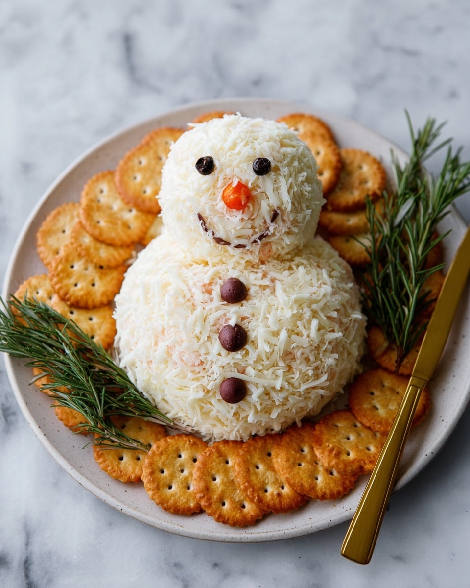 The image shows a two-layer snowman-shaped cheese ball with a textured surface made of shredded white cheese. The top smaller round layer forms the head, decorated with black peppercorns for eyes, mouth, and buttons, and a small orange carrot piece for the nose. The larger round bottom layer makes the body. The snowman sits on a white plate surrounded by bright orange round crackers and sprigs of green rosemary, placed on a white marbled textured surface. A gold spoon is visible on the right side of the plate. photo taken with an iphone --ar 4:5 --v 7