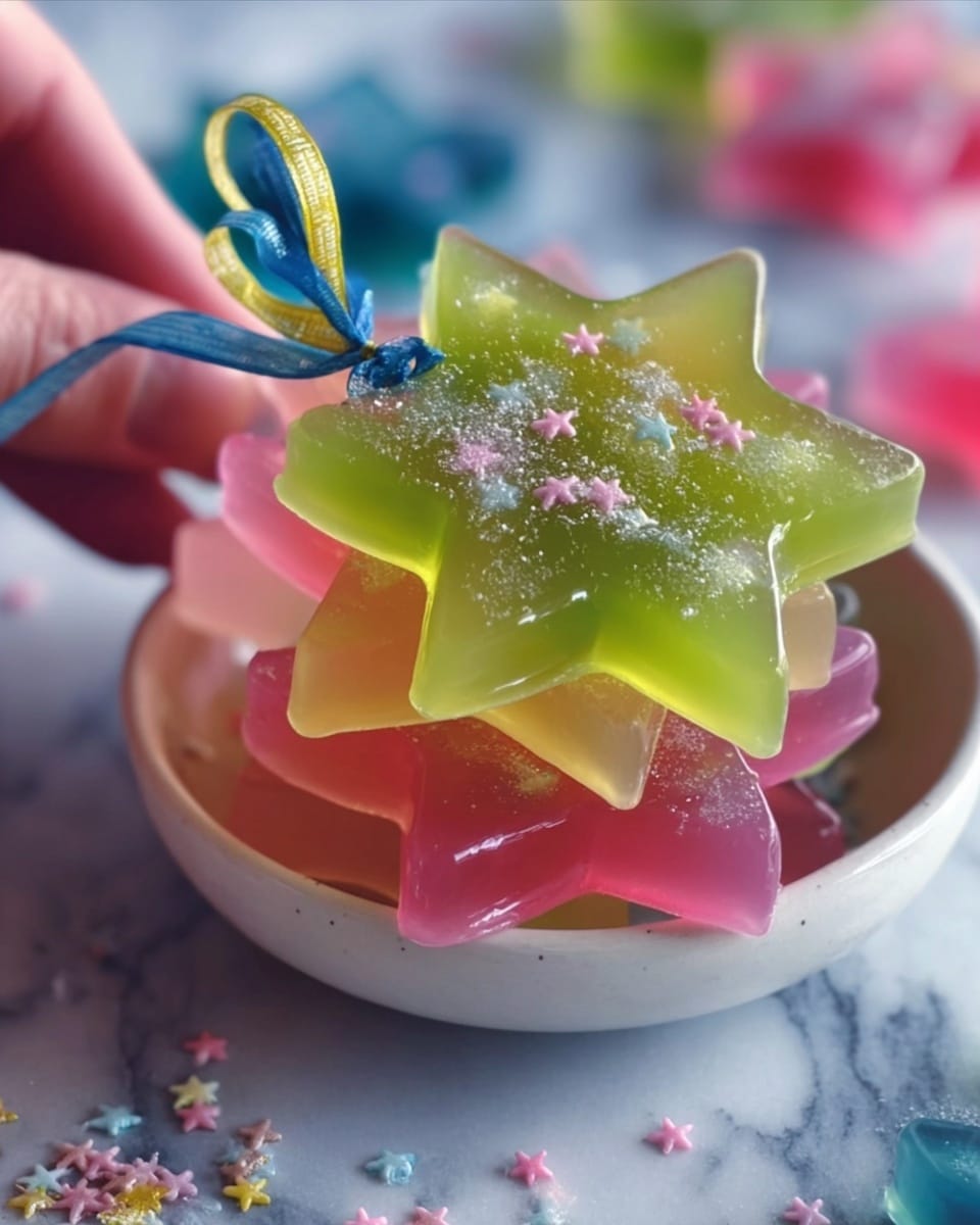 The image shows a close-up of colorful star-shaped jelly candies stacked in a pile with about seven visible layers. The top candies include a yellow and light blue star, with a shiny, smooth texture covered in tiny sugar crystals. Below, there are stars in shades of pink, red, green, and orange, each translucent and sparkling with sugar. The stars have a soft, gelatinous look with slight rounded edges. They are placed in a shallow white bowl with a wavy rim, resting on a white marbled surface. The background has warm, blurry orange lights creating a cozy feel. Photo taken with an iphone --ar 4:5 --v 7