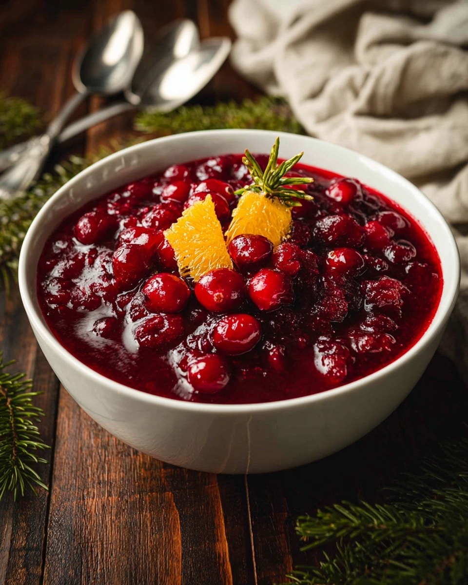 A white bowl filled with a thick, dark red sauce made of whole and crushed cranberries, giving a shiny, juicy texture. On top of the sauce, there is a small piece of orange peel curl placed near the center. A silver spoon rests inside the bowl on the right side, its handle leaning on the bowl’s edge. The bowl sits on a white marbled textured surface with a beige cloth partially visible in the background. photo taken with an iphone --ar 4:5 --v 7