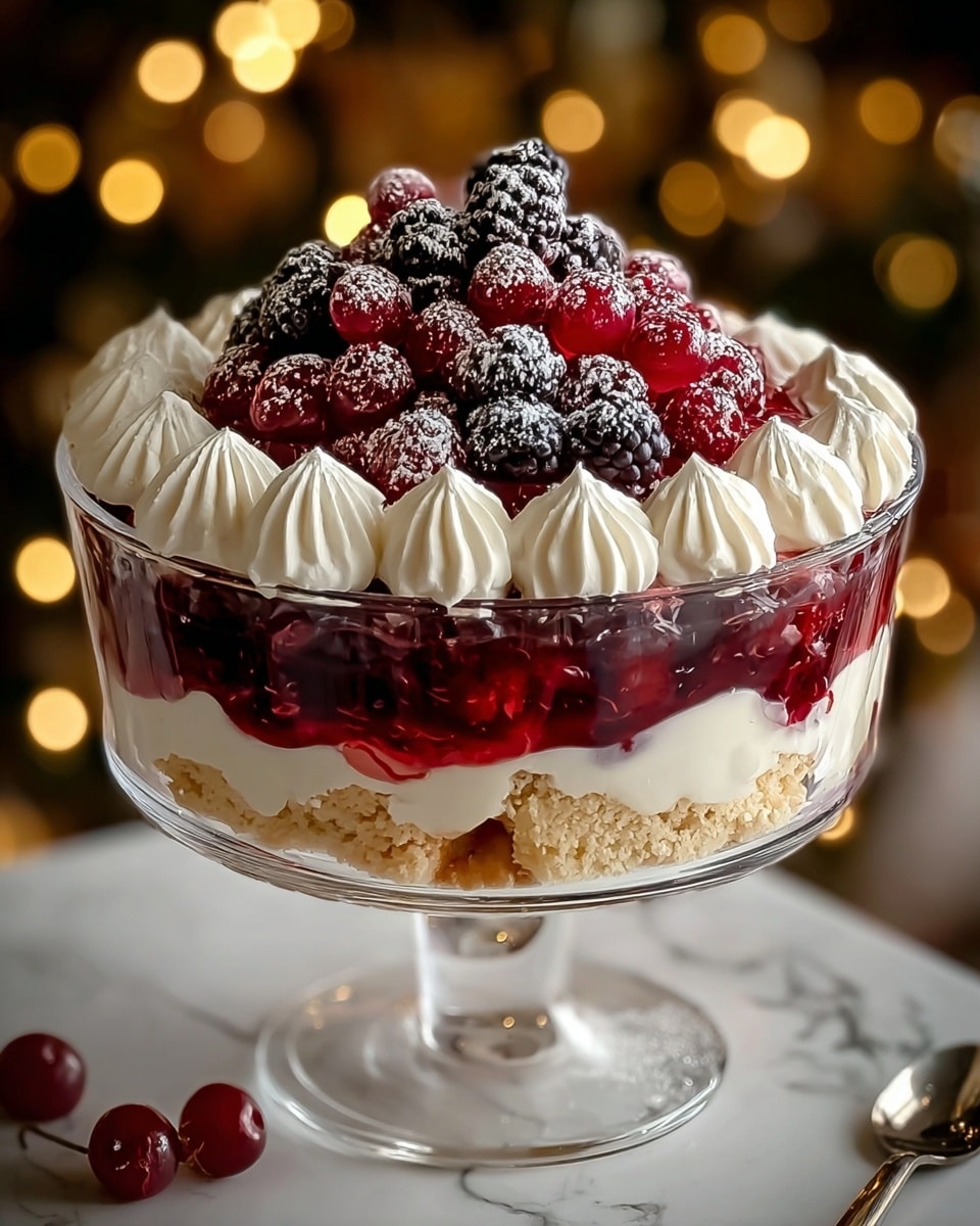 A clear glass dessert bowl on a short stem displays a layered trifle with four distinct layers: the bottom layer is a light golden crumbly texture, followed by a thick white creamy layer. Above this, a glossy deep red berry jelly with visible fruit pieces is topped with dollops of white whipped cream circling the edge. The topmost layer is a mix of blackberries and bright red cherries, dusted with powdered sugar, sitting in a mound in the center. The bowl sits on a white marbled surface with blurred warm yellow and red lights in the background. photo taken with an iphone --ar 4:5 --v 7
