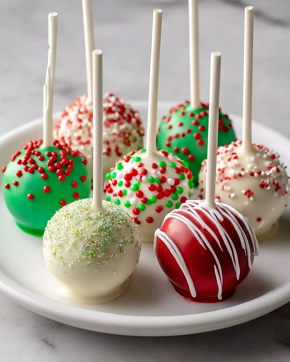 The image shows a white plate with eight festive cake pops arranged in two rows. Each cake pop is round and attached to a stick held by a woman's hand. There are three types of decoration: white cake pops covered with white frosting and topped with red and green round sprinkles, green cake pops with white drizzle lines and small red and white round sprinkles, and white cake pops with dark red drizzle lines and red and green round sprinkles. The plate sits on a white marbled surface. The photo has a clean and bright look with good light. photo taken with an iphone --ar 4:5 --v 7