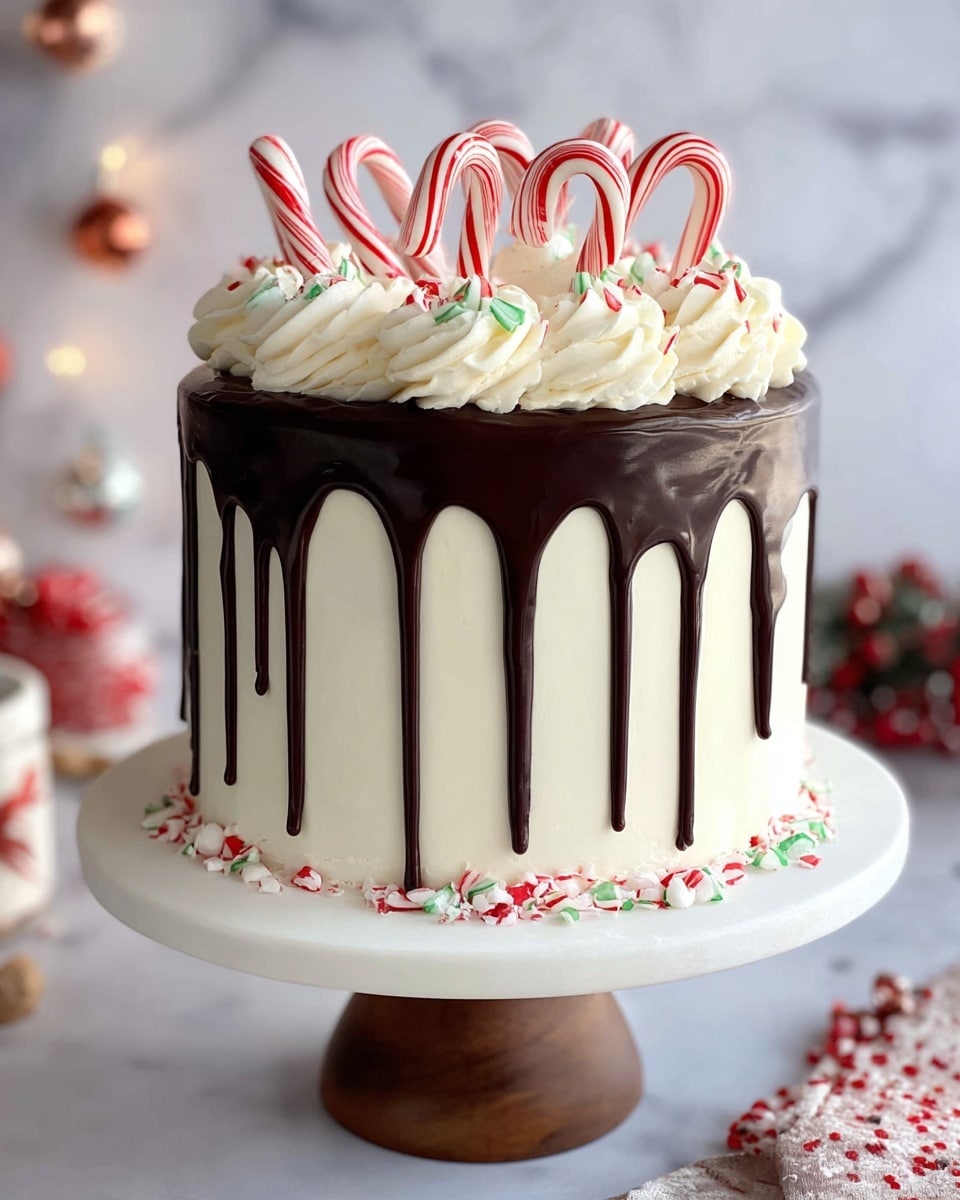 The image shows a tall cake with smooth white frosting all around its sides. It has dark chocolate ganache dripping down from the top edge, creating long thin drips over the white frosting. On the top there is a thick swirl of creamy white frosting around the edge. Inside this swirl are several red and white striped peppermint candies and mini candy canes standing upright. The cake sits on a white cake stand with a brown base, placed on a white marbled surface with blurred festive decorations in the background. photo taken with an iphone --ar 4:5 --v 7
