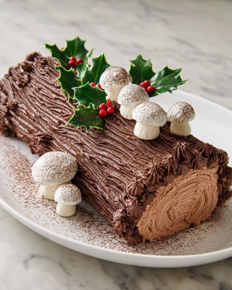 Bûche de Noël with Hazelnut Chocolate Frosting and Meringue Mushrooms Recipe