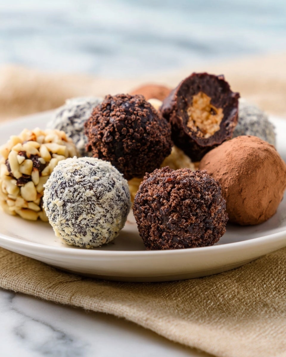 The image shows a close-up of a white plate filled with round chocolate truffles of different coatings. There are about eight truffles arranged loose on the plate. Some truffles are covered in chopped nuts, showing off a light tan and cream texture, while others are coated in dark cocoa powder, giving a rough dark brown surface. A few truffles are dusted with white powdered sugar or coconut flakes, making them look softly textured and white. The plate sits on a woven mat placed on a white marbled surface, and in the background, a blurred woman's hand is partly visible, adding a casual touch. photo taken with an iphone --ar 4:5 --v 7
