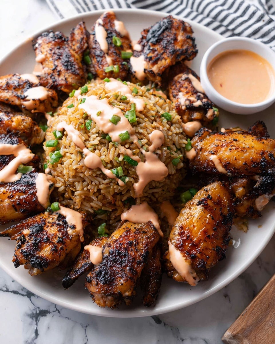 A white plate holds a large mound of seasoned rice mixed with bits of green herbs and darker spices, topped with a creamy, slightly pink sauce drizzled over it and sprinkled with sesame seeds. Surrounding the rice are several grilled chicken wings and drumsticks, showing crispy, browned skin with char marks. The plate sits on a white marbled surface, and in the background, a gray and white striped cloth is loosely folded. photo taken with an iphone --ar 4:5 --v 7