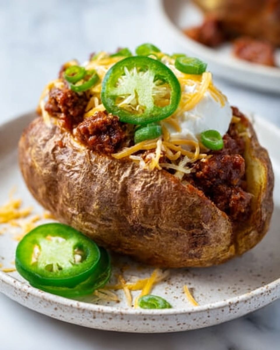 A baked potato with a golden brown, slightly wrinkled skin sits open on a white speckled plate. Inside, there is a layer of dark red chili with chunky texture filling the potato. Over the chili, there is a mix of shredded yellow and white cheese and chopped green onions. Three fresh, bright green jalapeno slices sit on top, along with a dollop of white sour cream. A few extra jalapeno slices and chili bits are scattered on the plate. The plate rests on a gray woven placemat over a white marbled surface. In the background, a second loaded baked potato on a plain white plate is slightly blurred. Photo taken with an iphone --ar 4:5 --v 7