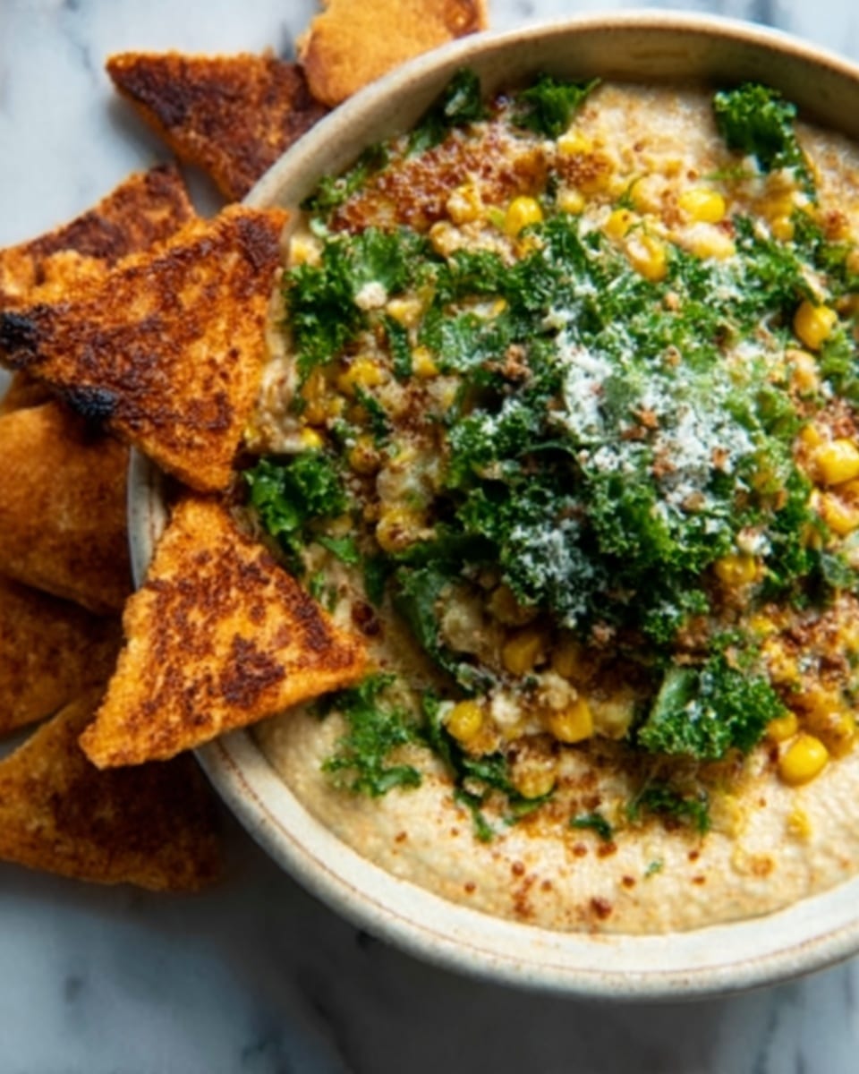 A blue bowl filled with three clear layers: the bottom creamy light orange layer mixed with corn pieces, the middle layer showing charred corn kernels scattered mostly in the center, and the top layer covered with fresh bright green cilantro leaves and a sprinkling of white cheese and reddish chili powder, all surrounded by golden crispy chip triangles placed on a wooden board with lime wedges around. photo taken with an iphone --ar 4:5 --v 7