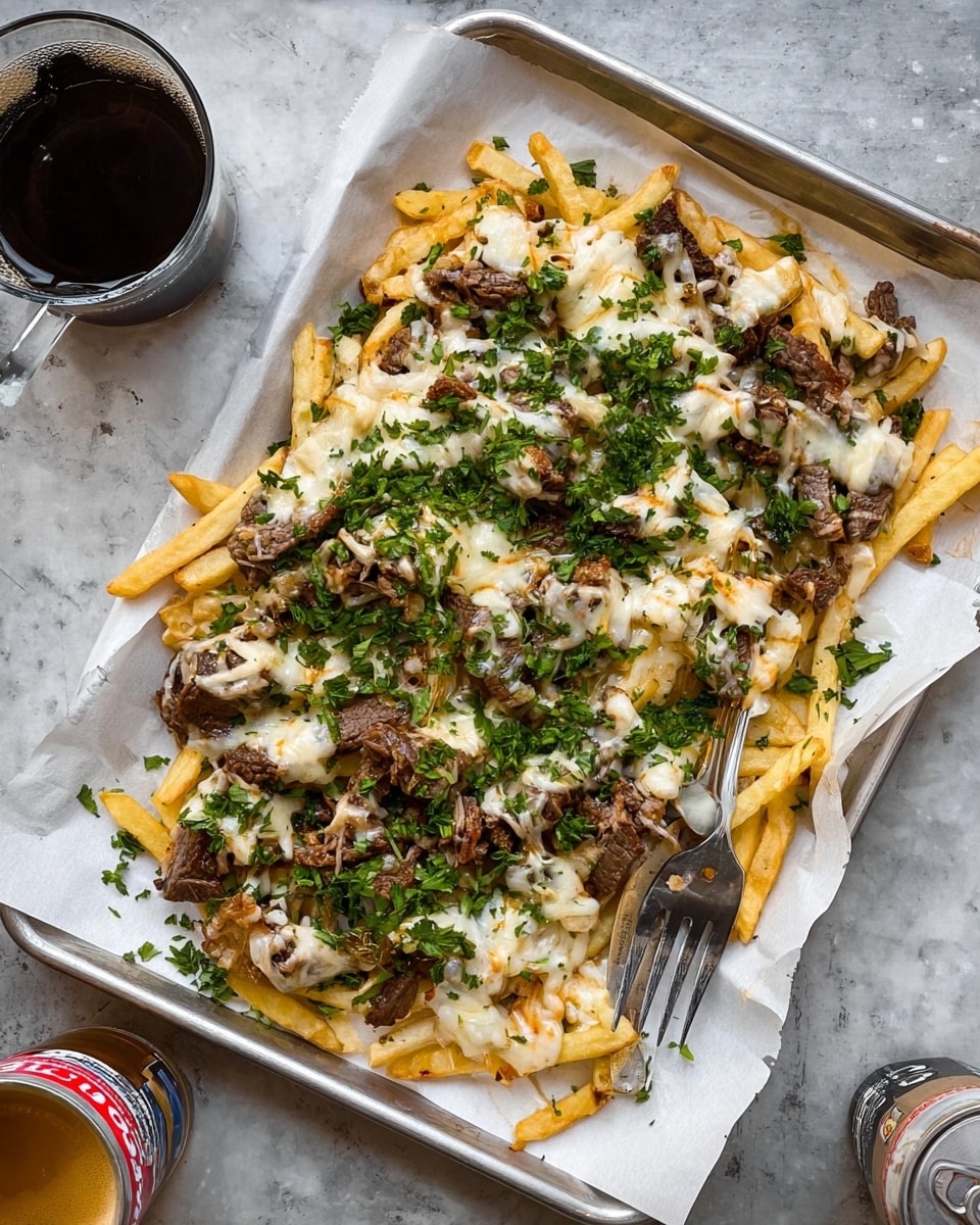 A rectangular metal tray lined with white parchment paper holds a loaded dish of thin, golden French fries as the base layer, topped with pieces of browned steak scattered evenly, melted white cheese spread generously across the top, and fresh green parsley leaves sprinkled over everything. A silver fork rests on the right side of the tray, partially on the fries and parsley. The tray sits on a white marbled surface, with a dark glass and a can of beer visible around it. photo taken with an iphone --ar 4:5 --v 7
