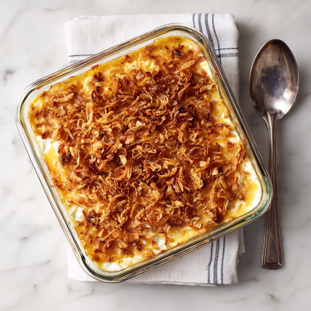 A baked casserole dish with two clear glass layers filled with a creamy yellow mixture topped with a generous layer of crispy, golden-brown fried onion strings that cover the top unevenly, showing some darker toasted spots; the casserole sits on a white marbled surface with a folded red and white cloth nearby. photo taken with an iphone --ar 4:5 --v 7