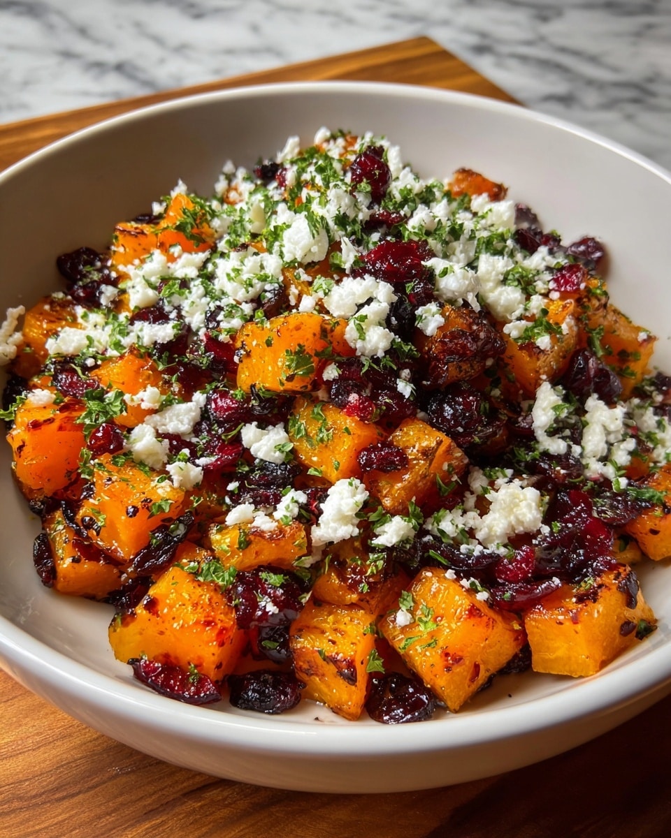The dish is served in a white bowl filled with about three layers of food. The bottom layer has roasted orange cubes of butternut squash with a slightly charred texture. The middle layer includes dark red dried cranberries scattered throughout, adding a rich contrast in color. The top layer is made up of crumbled white cheese sprinkled unevenly across the bowl, with little bits of chopped green herbs spread on top and mixed with the squash. The bowl sits on a wooden surface with a white marbled texture in the background. photo taken with an iphone --ar 4:5 --v 7