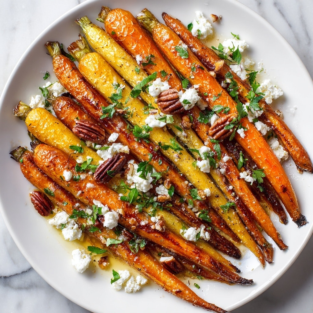 The dish shows a white oval plate filled with about ten roasted baby carrots, arranged in a slightly overlapping row. The carrots have a glossy, caramelized orange color with charred edges, adding texture. On top, there are small green herb leaves scattered, some sprigs of fresh thyme resting on the carrots, and white coarse salt sprinkled across. Small chopped nuts are spread over and around the carrots, adding a crunchy look. A shiny layer of golden melted butter or glaze pools at the bottom, enhancing the carrots’ shine. The plate sits on a white marbled surface. photo taken with an iphone --ar 4:5 --v 7