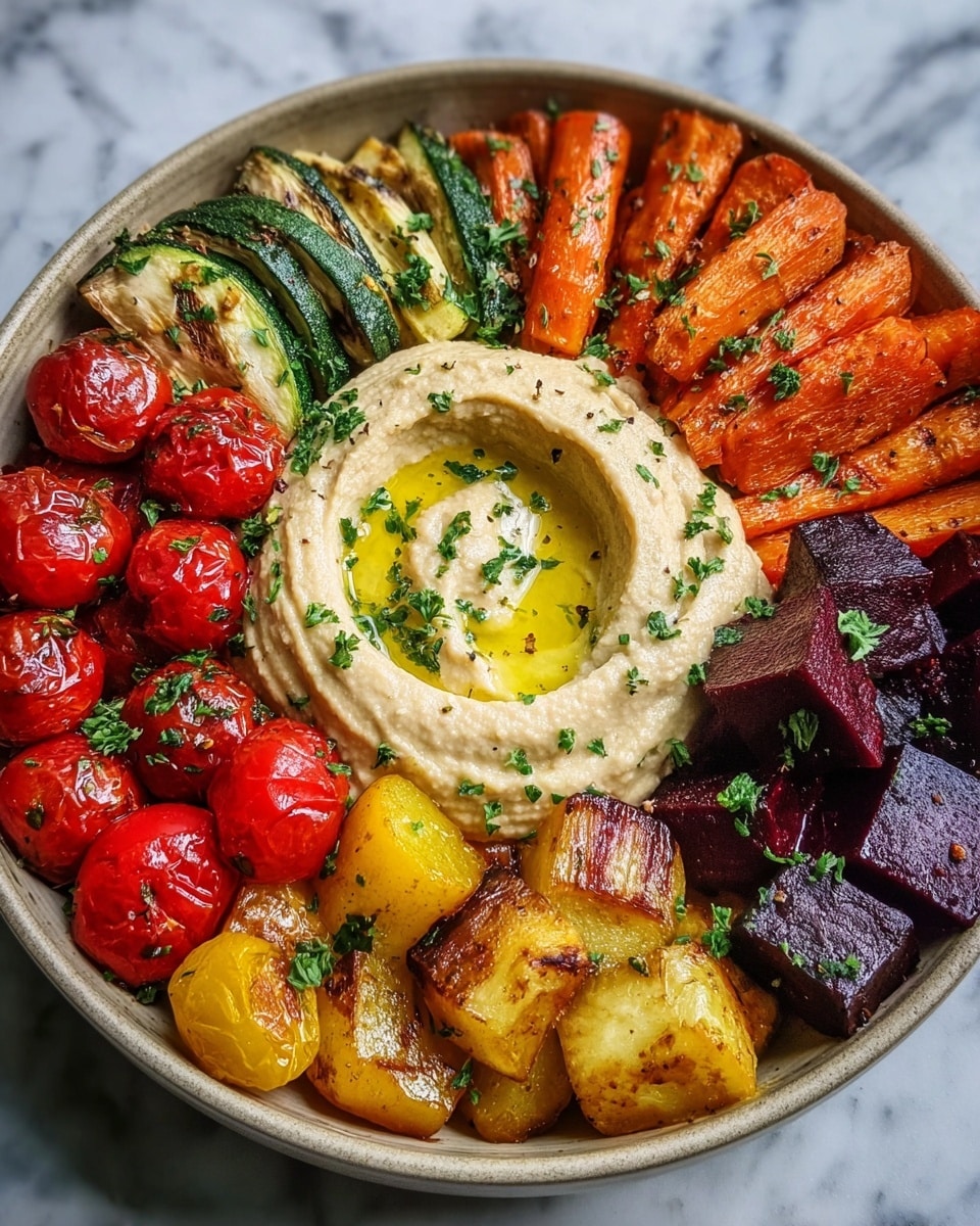 A bowl filled with six clear layers arranged in a circular pattern on a white marbled surface; the center has a smooth, creamy beige hummus topped with a swirl of olive oil and green herb sprinkles. Moving outward, on the top left, there are grilled green zucchini slices with slight char marks. On the top center, bright red roasted cherry tomatoes with a shiny texture form a cluster. To the top right, roasted orange baby carrots with hints of browning and herbs rest side by side. Below the carrots, dark purple roasted beet chunks with a slightly rough texture and sparse herb garnish are placed. On the bottom left, golden brown roasted yellow potatoes with a crispy look and some herbs complete the circle. The dish overall shows freshness with warm, rich colors and textures. Photo taken with an iphone --ar 4:5 --v 7