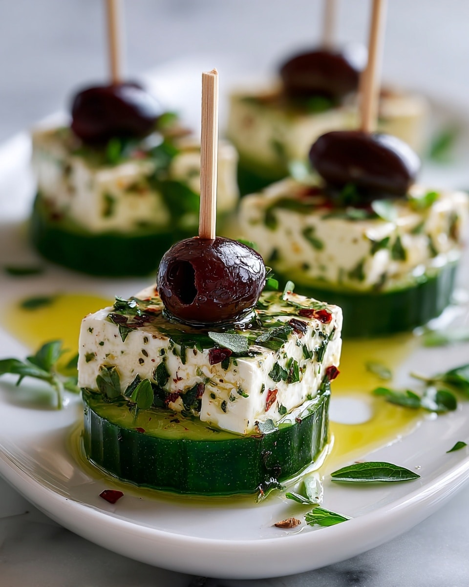 A white plate holds a row of small stacked appetizers, each with three layers: the bottom layer is a thick slice of fresh cucumber with a green, slightly shiny skin and a pale green inside, the middle layer is a square piece of white feta cheese speckled with chopped green herbs and red pepper flakes, and the top layer is a shiny dark purple olive that is skewered with a wooden toothpick. The appetizers are lightly drizzled with golden olive oil, and small bits of chopped parsley are scattered around them on the plate. The background is a white marbled texture, and the focus is on the front appetizer with the others softly blurred behind. photo taken with an iphone --ar 4:5 --v 7