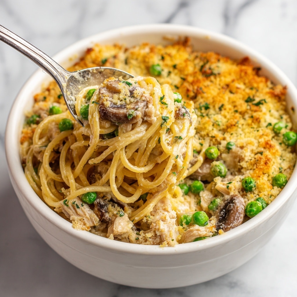 The image shows a close-up of a turkey tetrazzini casserole in a white bowl. The dish has several layers visible: the bottom layer is cooked spaghetti noodles covered in creamy white sauce mixed with chunks of white turkey meat and sliced brown mushrooms. Bright green peas are scattered throughout this creamy layer. On top, there is a golden-yellow layer of melted cheese and breadcrumb crumbs, giving the casserole a crunchy texture. A spoon is partially inserted into the dish, lifting up noodles and pieces of turkey with some sauce dripping, all set against a white marbled background. Photo taken with an iphone --ar 4:5 --v 7
