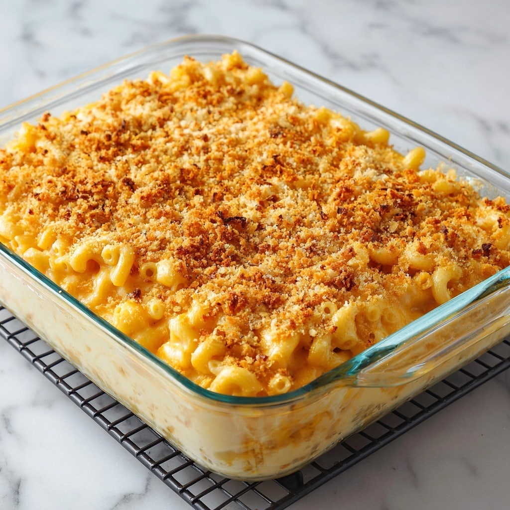A clear glass baking dish filled with baked macaroni and cheese sits on a white marbled surface with a black wire rack underneath. The dish shows three main layers: at the bottom, yellow macaroni pasta coated in creamy cheese sauce; in the middle, melted cheese with a smooth, slightly shiny texture; on top, a golden-brown crumb layer sprinkled with toasted breadcrumbs and shredded cheese, some browned spots giving a crunchy look. The edges of the macaroni peek out slightly from under the crispy topping. Photo taken with an iphone --ar 4:5 --v 7