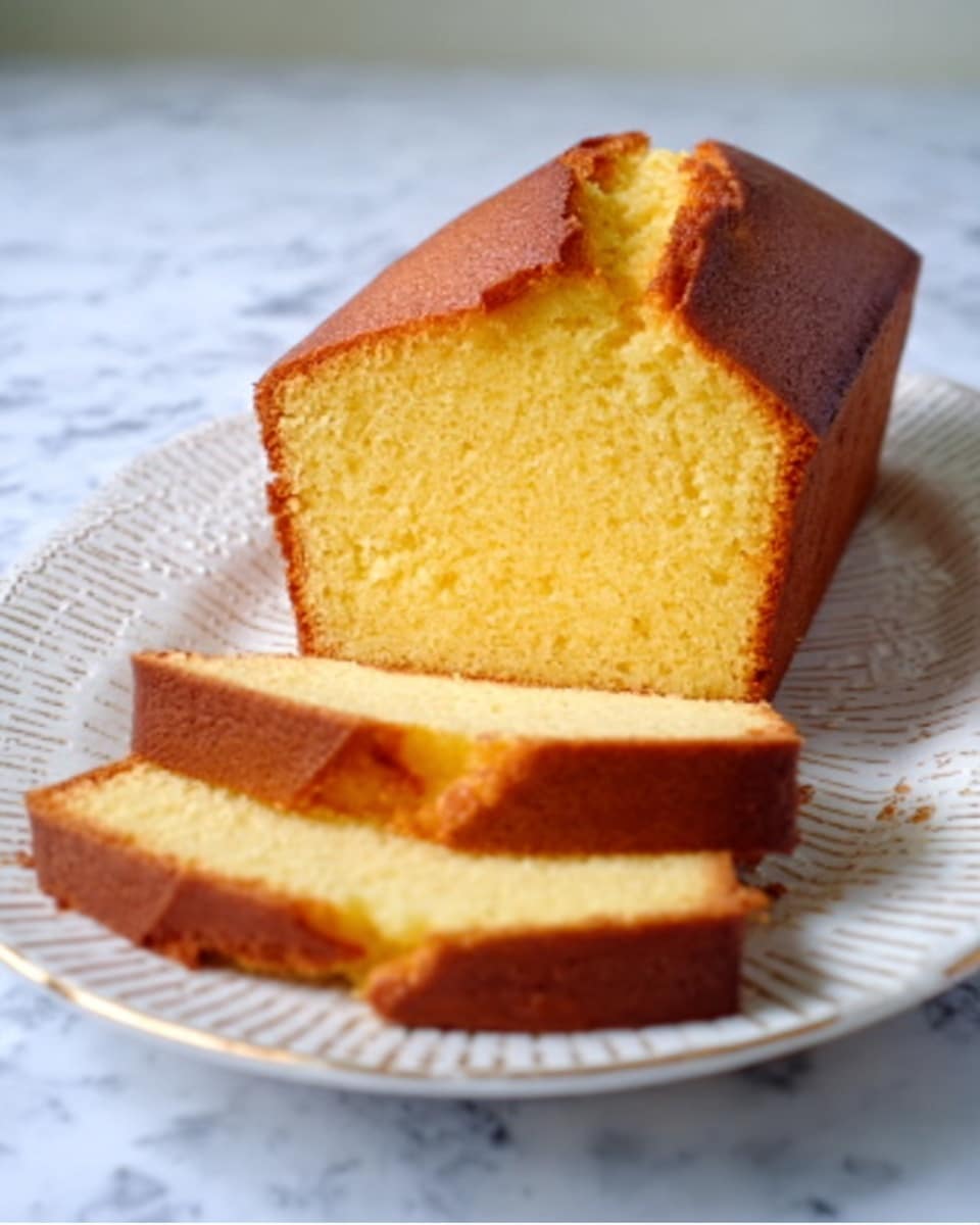 A golden brown loaf cake with a smooth top and a crack running down the middle is placed on a white plate with blue floral patterns around the edges. The cake appears light and fluffy with a slightly darker crust. The plate rests on a white marbled surface that complements the classic look of the dish. Photo taken with an iphone --ar 4:5 --v 7