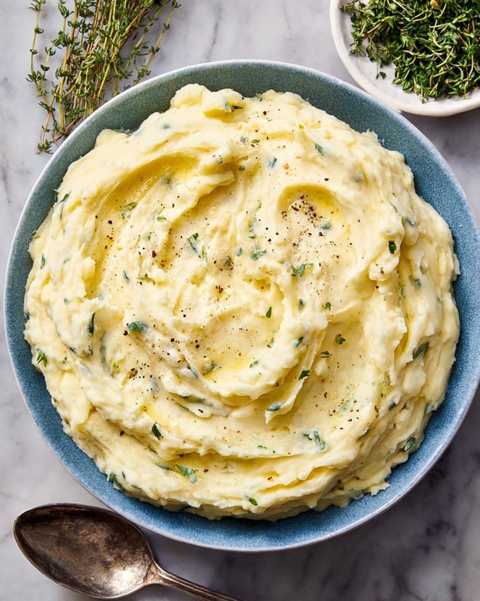 A round blue bowl filled with creamy mashed potatoes that have small green herb pieces mixed in. The mashed potatoes have a smooth, soft texture with swirled peaks and valleys on top, showing a light yellow color with a few black pepper sprinkles scattered over the surface. The bowl sits on a white marbled surface, next to a vintage silver spoon and a white dish holding fresh green herbs. photo taken with an iphone --ar 4:5 --v 7