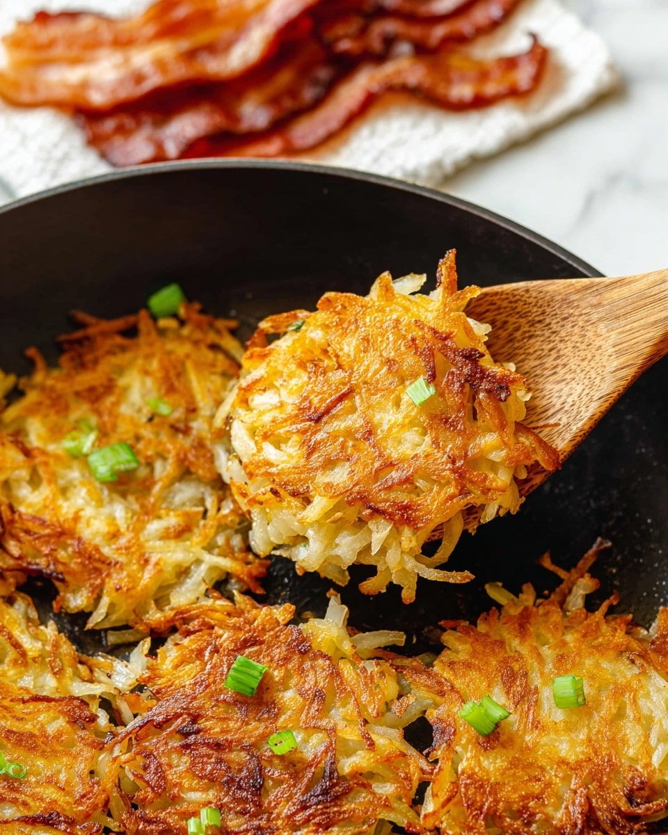 The image shows a close-up of golden-brown hash brown patties in a black pan. Each patty has a textured surface made of crispy, shredded potatoes that create a crispy, crunchy outside with some softer, lighter potato pieces visible underneath. Small green onion pieces are scattered on top, adding a touch of bright green color. The patties have uneven edges and a rich mix of light and dark brown tones from the frying. The background is out of focus, highlighting the crisp texture of the hash browns. photo taken with an iphone --ar 4:5 --v 7