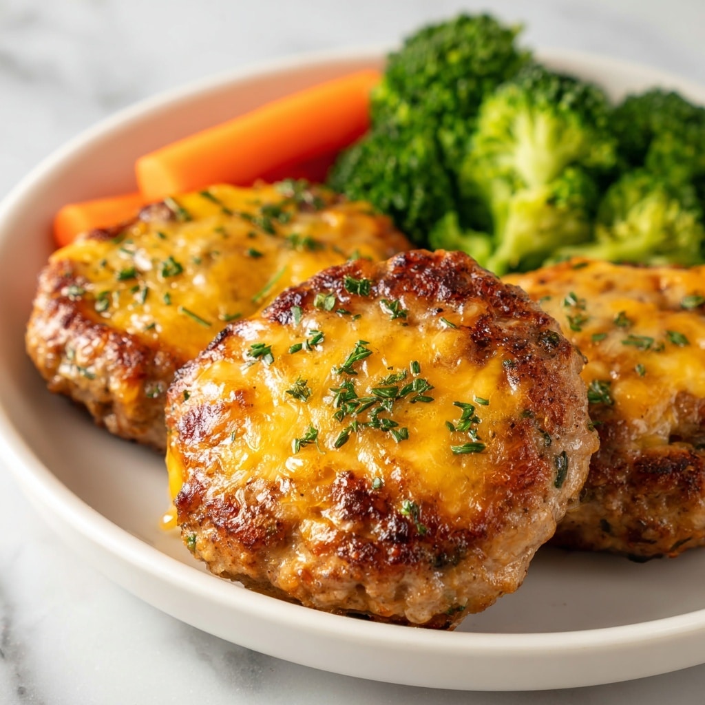 The image shows three golden-brown baked meat patties in a white dish. Each patty is topped with a melted, slightly glossy layer of yellow cheese sprinkled with chopped green herbs. In the background, there are bright orange carrot sticks and green broccoli florets, adding color contrast. The dish is set against a white marbled surface, and the image captures the texture of the crispy, juicy patties up close with sharp detail. Photo taken with an iphone --ar 4:5 --v 7