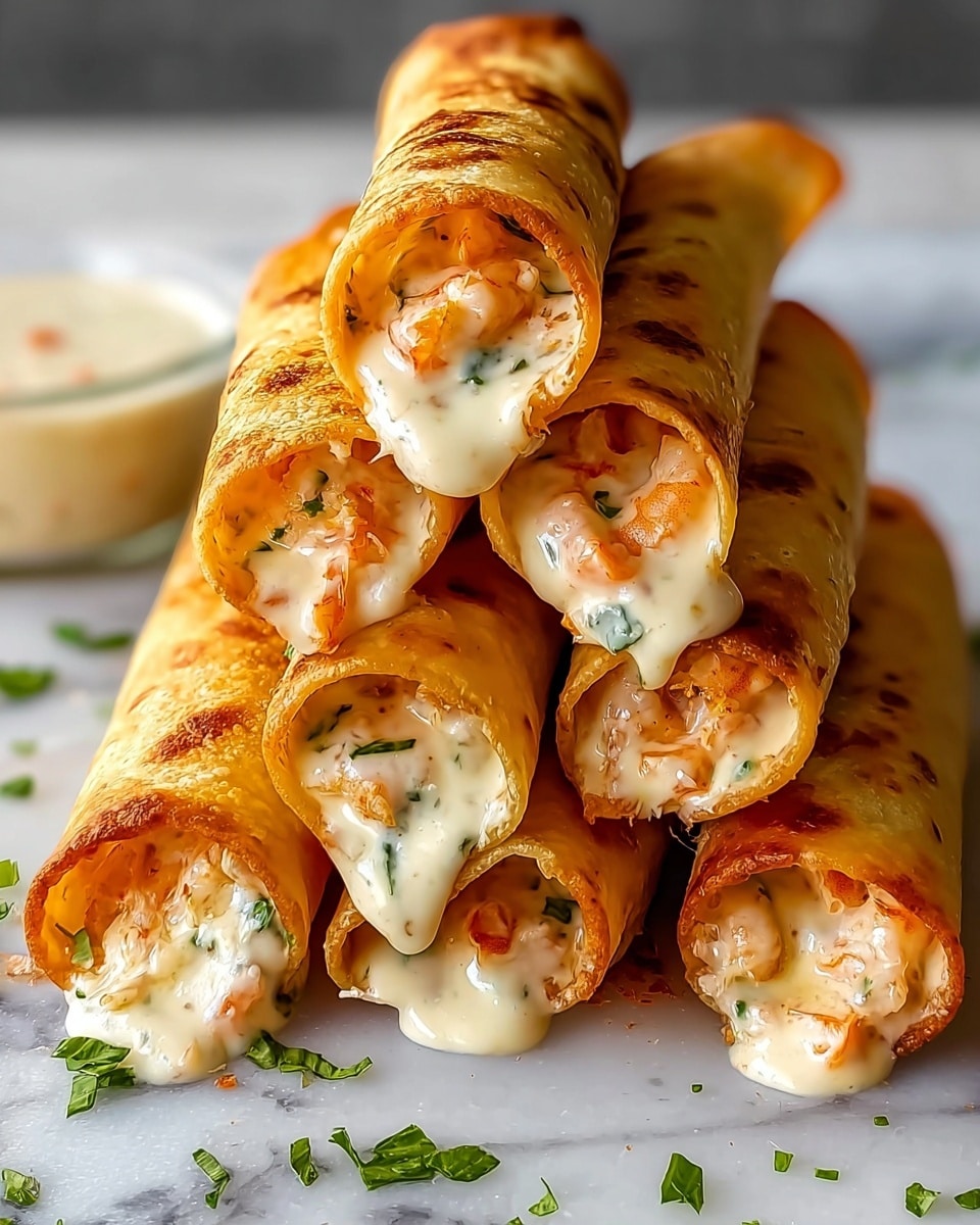 The image shows a stack of six golden-brown crispy rolls filled with creamy shrimp filling. Each roll has a shiny, crunchy outer shell with light brown toasted spots. The filling is thick, beige-colored cream with visible pieces of pink shrimp and small green herb bits, slightly spilling from the open ends of each roll. The rolls are placed closely together on a white marbled surface, with scattered green herbs around them. In the background, there is a blurred white plate with some more greens. photo taken with an iphone --ar 4:5 --v 7