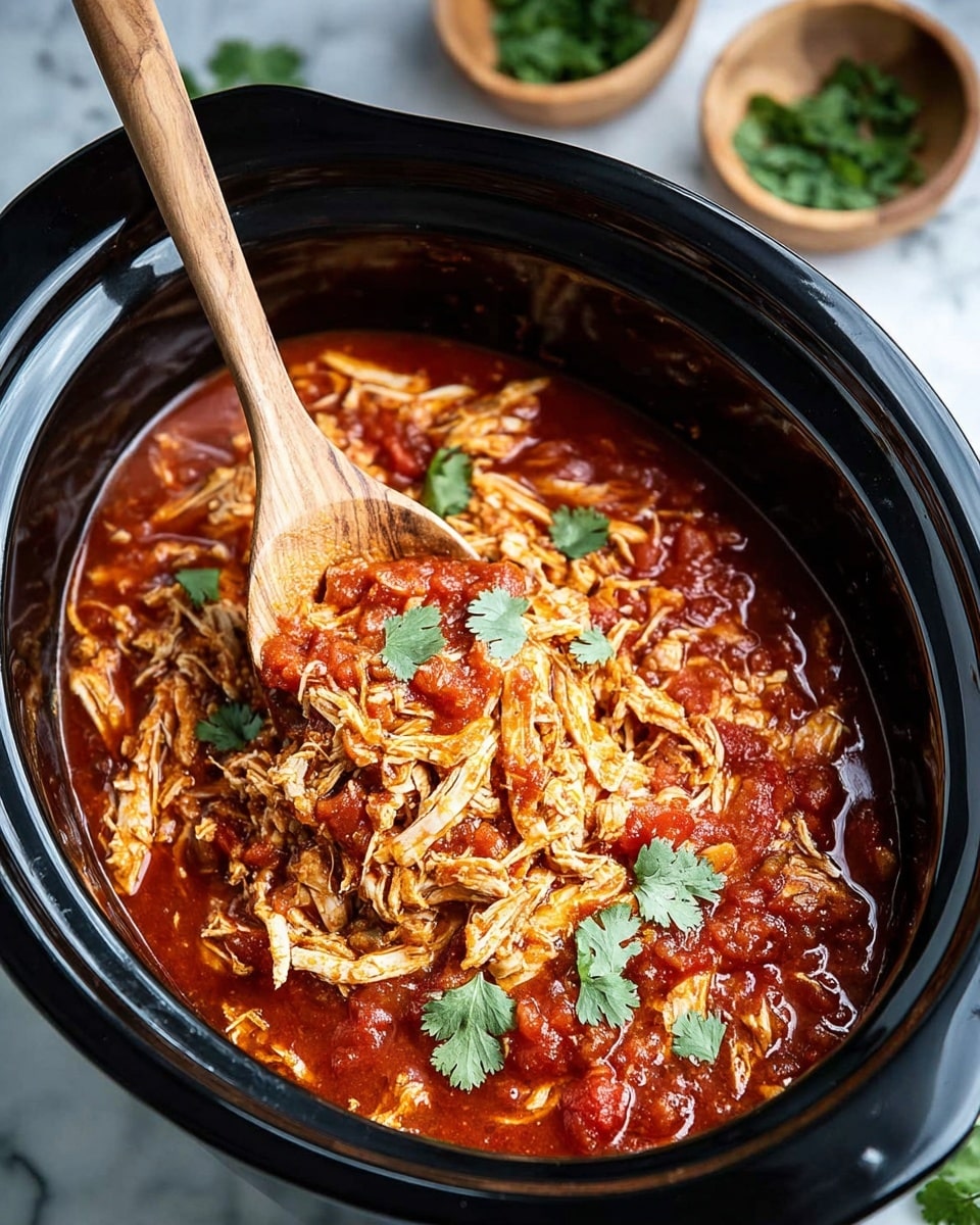 A black slow cooker bowl filled with a layered dish where the base is a thick, rich red tomato sauce with visible tomato chunks. On top of the sauce are shredded pieces of cooked chicken, pale yellow with a slightly moist texture, mixed into the sauce. Scattered on the surface are fresh green cilantro leaves, adding color contrast. A wooden spoon is resting inside the bowl with a scoop of the stew, showing the mix of sauce and chicken. The scene is set on a white marbled surface with blurred green herbs in the background. photo taken with an iphone --ar 4:5 --v 7