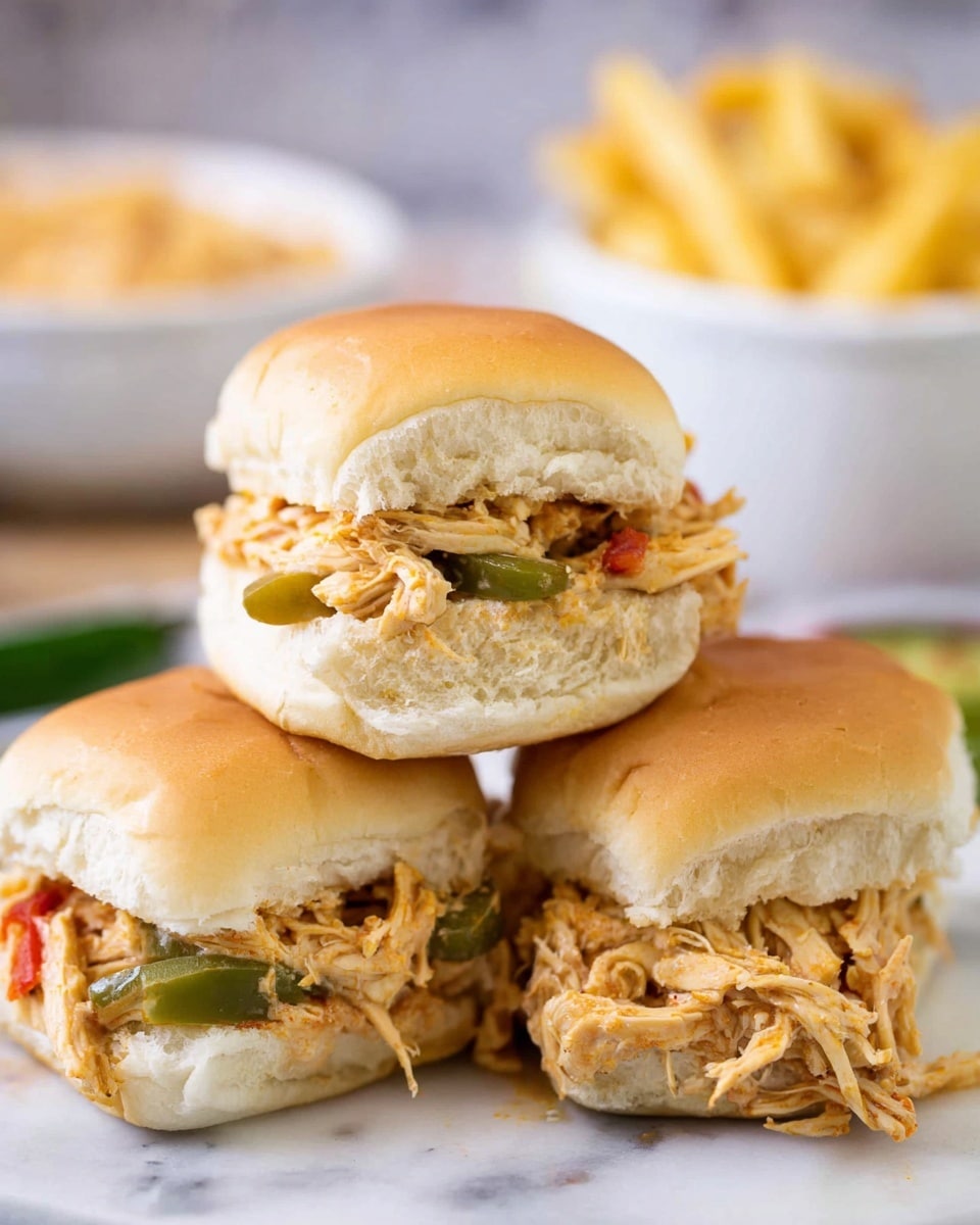 The image shows a stack of three pulled chicken sliders with soft, light brown buns. Each slider has layers of shredded chicken mixed with green bell pepper strips and a hint of red pepper visible in the middle. The buns are slightly toasted on top, and some pieces of shredded chicken hang loosely from the sliders, giving a messy, fresh look. The sliders are placed on a white marbled surface, and a blurred background shows a white bowl filled with light-colored potato chips and some out-of-focus items. photo taken with an iphone --ar 4:5 --v 7