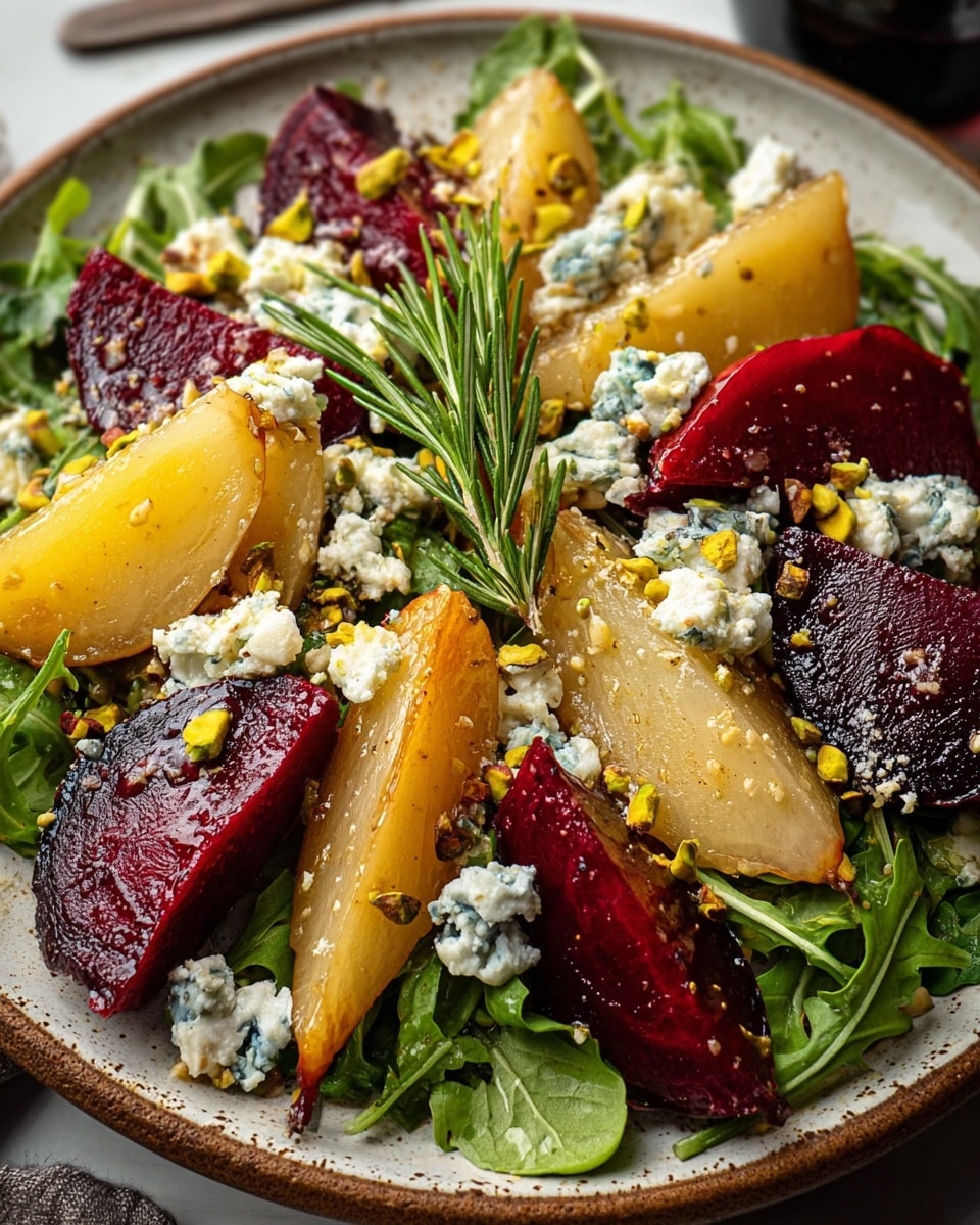 A close-up view of a salad on a round white plate set against a white marbled texture, with a base layer of fresh green arugula leaves. On top, there are multiple wedges of roasted beets with a deep red color and roasted golden-yellow and light beige pear slices, arranged evenly around the plate. Small chunks of blue cheese with a creamy white color and blue veins are scattered over the fruit and greens. Crushed pistachios add bits of green and brown sprinkled on top, along with a sprig of fresh rosemary placed in the center, giving a touch of detail and height to the arrangement. The textures range from smooth and glossy roasted pieces to the crumbly and rough cheese, all presented naturally and appetizingly. Photo taken with an iphone --ar 4:5 --v 7